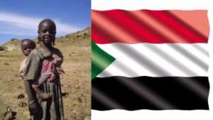 Image of child next to the Sudan flag.