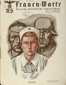 Propaganda of a nurse standing in front of two soldiers