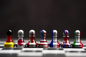 Chess pawns painted in the flags of the countries in G7