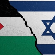 Palestine and Israel flag, plastered wall background. 3d illustration