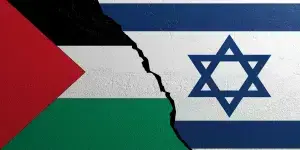 Palestine and Israel flag, plastered wall background. 3d illustration