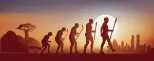 Concept of Darwin's theory of evolution, illustrated with the transformation of primitive man who leaves the forest to join modern times.